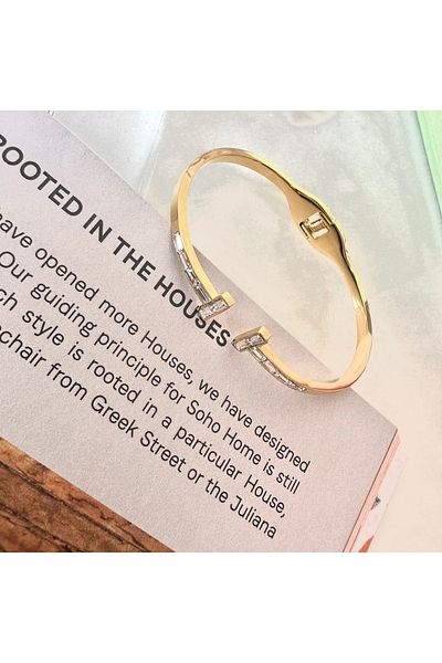 Rare Gold Jewelry H Baguette Stone Steel Handcuff Bracelet -gold