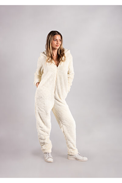 SEAMOUNT Kışlık Krem Kapüşonlu Polar Peluş Tulum, Pijama Takımı