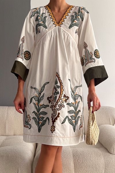 FEMELLE Women's White New Season Ethnic Pattern Embroidery Embroidered Mini Linen Dress