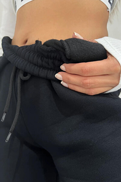 fevil Kadın Pamuklu Siyah (3 İPLİK ŞARDONLU) Eşofman Altı