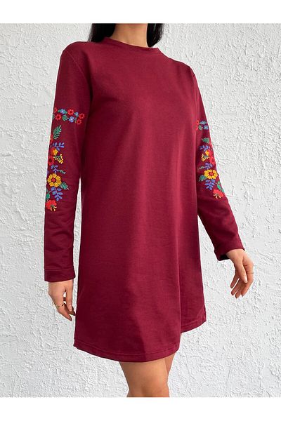 AQE FASHION Rochie tunică burgundă cu mânecă lungă, cu mâneci cu decolteu, cu imprimeu floral