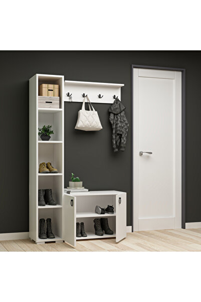 AYSİMO Napoli Duvar Askılıklı Boy Dolaplı Ayakkabılıklı Beyaz MDF Vestiyer Portmanto
