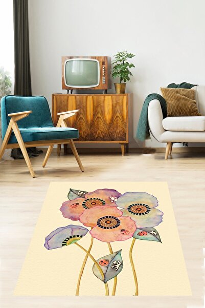 Pelangi Suluboya Gelincik Çiçeği ve Uğur Böceği Yıkanabilir Kaymaz Taban Leke...