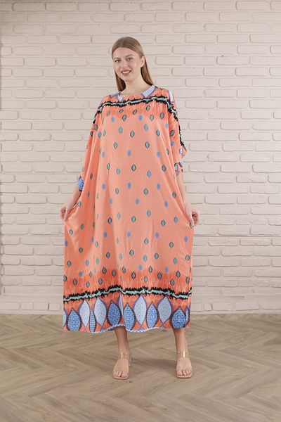 mervemoda Γυναικείο μακρύ φόρεμα από βισκόζη με πορτοκαλί στάμπα