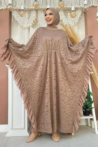 Bym Fashion Chiffon Ruffle Look Lace Dress 3864 Mink