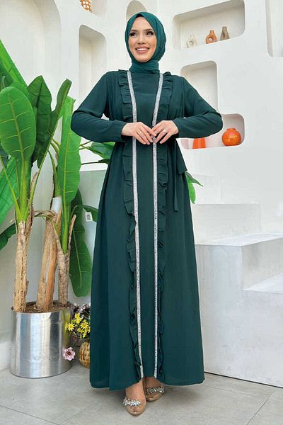 Bym Fashion Σετ Φόρεμα Μακρύ Φριλί Γιλέκο 8489 Emerald