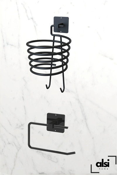 ALSİ HOME Yapışkanlı Siyah Fön Makinesi Askısı Tuvalet Wc Kağıtlık Pratik 2'l...