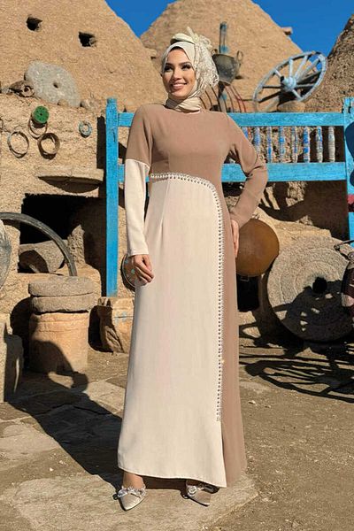 Bym Fashion Δίχρωμο μαργαριτάρι λεπτομερές φόρεμα 3865 Mink