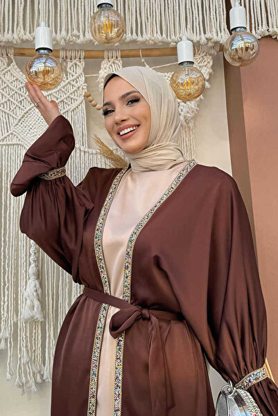 Bym Fashion Πέτρινο Κεντημένο Λεπτομερές Φόρεμα Ζώνης Abaya Κοστούμι 3860 Καφέ