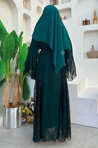 Bym Fashion Δαντελένια Κέντημα Λεπτομέρεια Ζιφόν Σιφόν Abaya 7886 Σμαράγδι