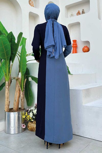 Bym Fashion Two Color Pearl Detailed Dress 3865 Navy Blue