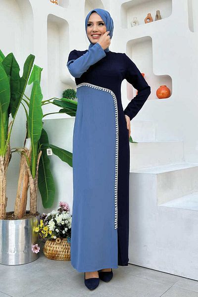 Bym Fashion Two Color Pearl Detailed Dress 3865 Navy Blue