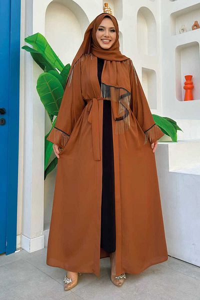 Bym Fashion Детайлен шал с верижка с пискюл Abaya 7887 Светлокафяв