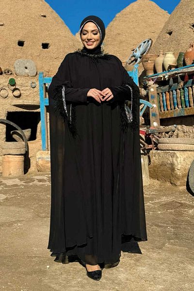 Bym Fashion Κοστούμι Φόρεμα με Φούντες Πέτρινο Λεπτομερές Φόρεμα 8494 Μαύρο