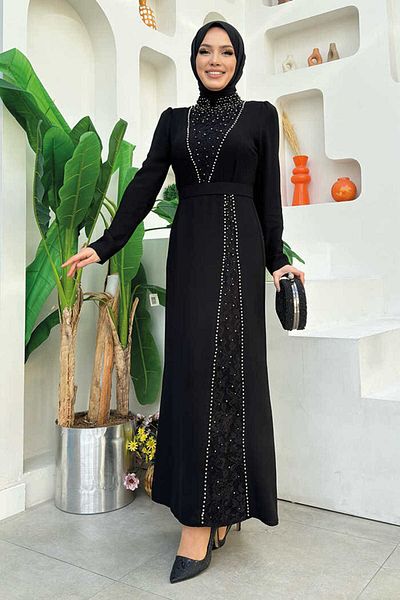 Bym Fashion Δαντελένιο φόρεμα κρεπ 3870 με στρας Μαύρο