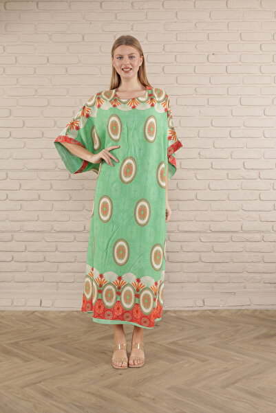 mervemoda Women's light green print plus size woven viscose dress long dress