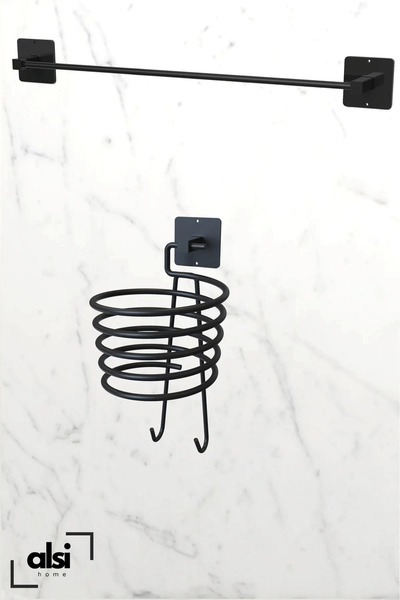 ALSİ HOME Yapışkanlı Siyah Fön Makinesi Askısı ve Uzun Havlu Askılık Havluluk...