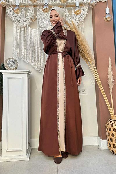 Bym Fashion Πέτρινο Κεντημένο Λεπτομερές Φόρεμα Ζώνης Abaya Κοστούμι 3860 Καφέ
