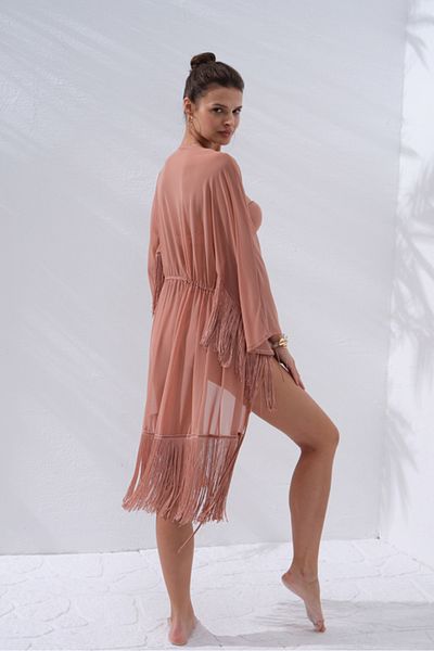 Pierre Cardin Women's Tassel Detailed Cloak Pareo Front Tie Rope Tassel Tunic Pareo Tasseled Tunic Pareo 2318