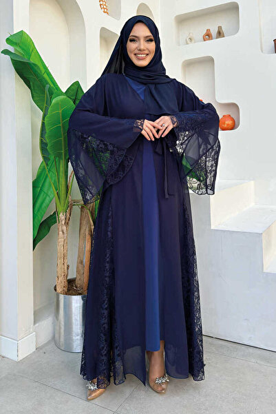 Bym Fashion Dantel İşleme Detay Kuşaklı Şifon Abaya 7886 Lacivert