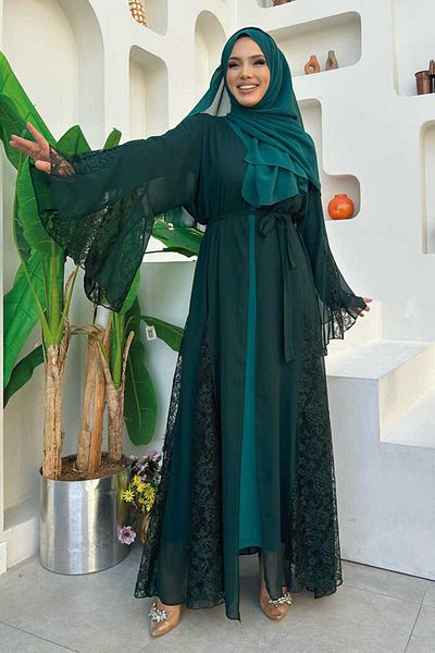 Bym Fashion Δαντελένια Κέντημα Λεπτομέρεια Ζιφόν Σιφόν Abaya 7886 Σμαράγδι