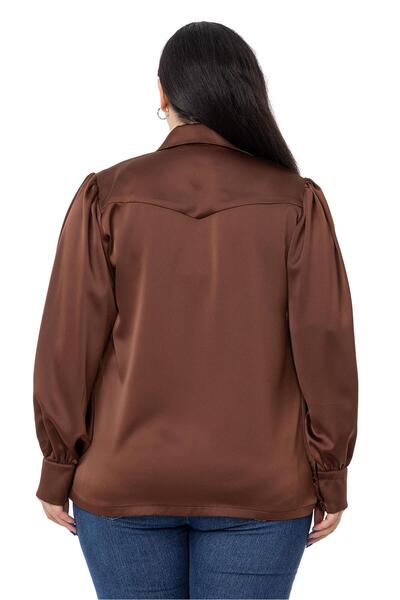 DISENTIS MODEST Plus Size Satin Brown Shirt with Cuff and Sleeve Top