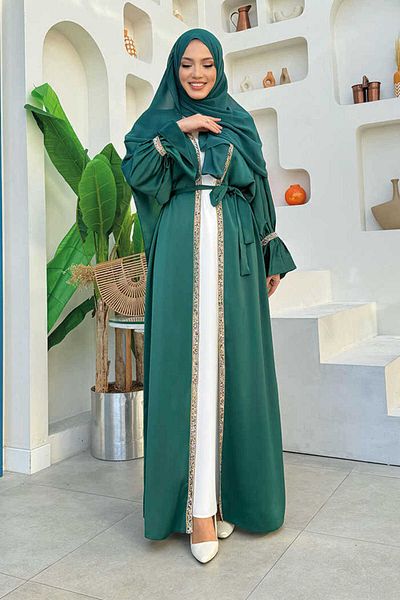 Bym Fashion Κοστούμι Abaya 3860 Emerald με Κέντημα με πέτρα