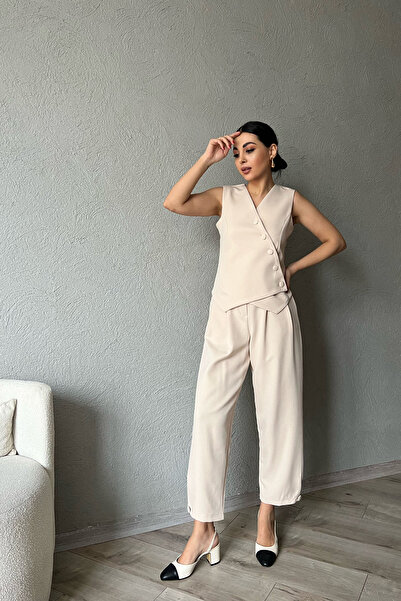 Seda Yalçın Atelier Beige Button Detailed Vest and Trousers Set