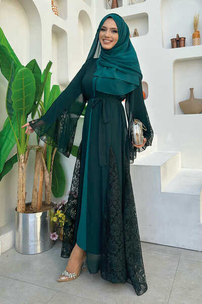 Bym Fashion Lace Embroidery Detail Belted Chiffon Abaya 7886 Emerald