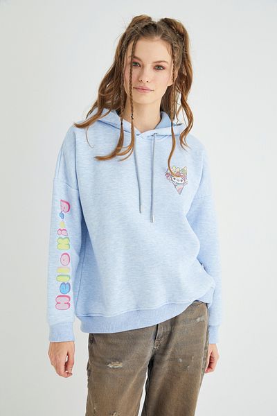 Hello Kitty Hanorac cu glugă, imprimat licențiat, cu glugă gros, supradimensionat, albastru Melange Roz-104