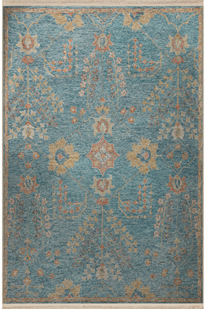 Rugs Modern Halı Mavi Temalı Geleneksel Motif Çiçek Desenli Saçaklı Vintage D...