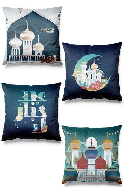 Pilloveland Set de 4 huse de pernă din piele intoarsa cu model de noapte Ramadan imprimate pe doua fete Ramadan Kareem