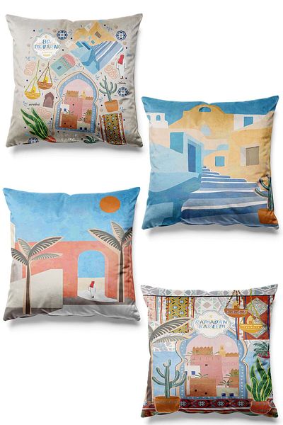 Pilloveland Set de 4 huse de pernă din piele intoarsa cu model Ramadan Street imprimate pe doua fete Ramadan Kareem