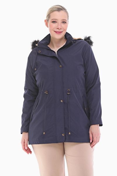 VETRE Women's Large Size Fur Lined Navy Blue Short Coat 1003