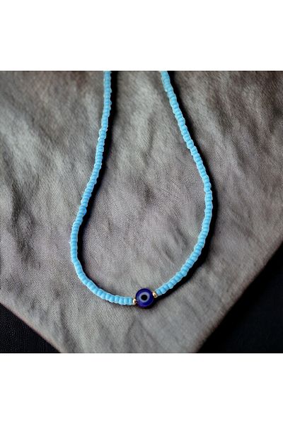 Stoneday Blue Evil Eye Beaded Gold Detailed Turquoise Sand Bead Necklace