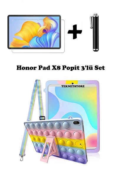 TEKNETSTORE حافظة متوافقة مع Honor Pad X8 مقاس 10.1 بوصة من Popit مع حامل وحزام من السيليكون، مجموعة ممتعة مكونة من 3 قطع
