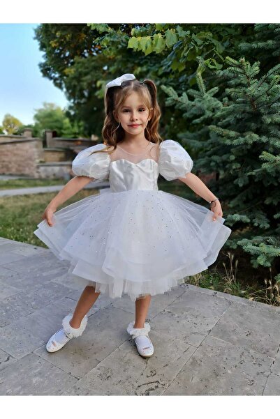 shopland White Fluffy Girl's Princess Evening Dress