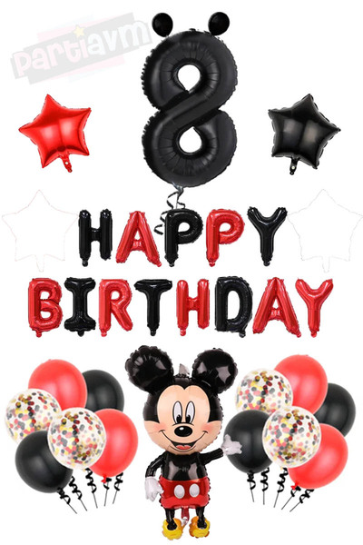 Siyah Rakam Balonlu Mickey Mouse Happy Birthday Balon Seti Mini Fare Temalı