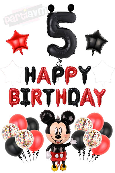 PARTİAVM Siyah Rakam Balonlu Mickey Mouse Happy Birthday Balon Seti Mini Fare...