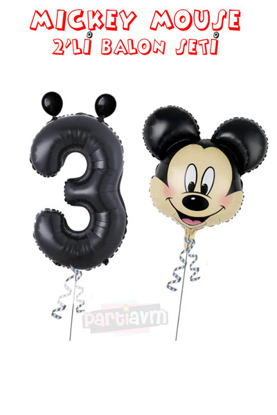 PARTİAVM Siyah Rakam Balonlu Mickey Mouse 2li Balon Seti Mini Fare Temalı