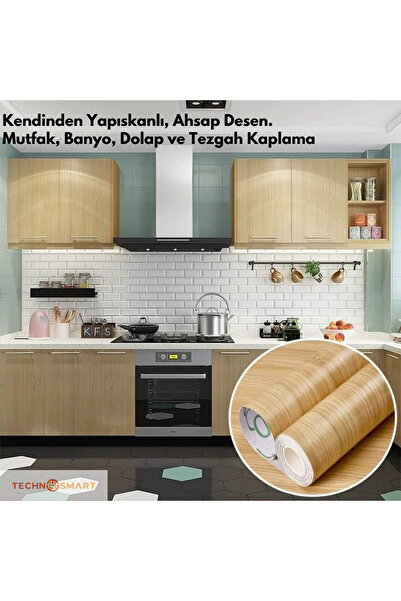 TechnoSmart 60cm×500cm Kendinden Yapışkanlı Ahşap Görünümlü Kaplama Kağıdı Mutfak Dolap Masa Duvar