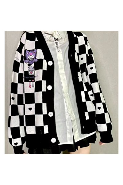 Köstebek Anime Kuromi Black and White Checkered Cardigan