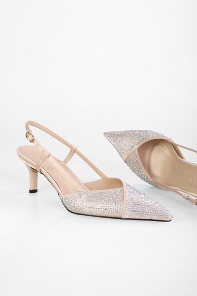Shoeberry Damen Stilettos aus Satin mit Steinen in Rosé