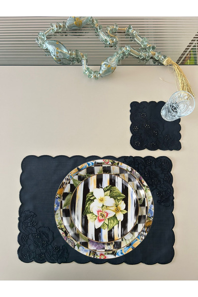 Lilies Atelier Siyah Delik İşi Keten Sofra Takımı 2 Adet Amerikan Servis ve 2...