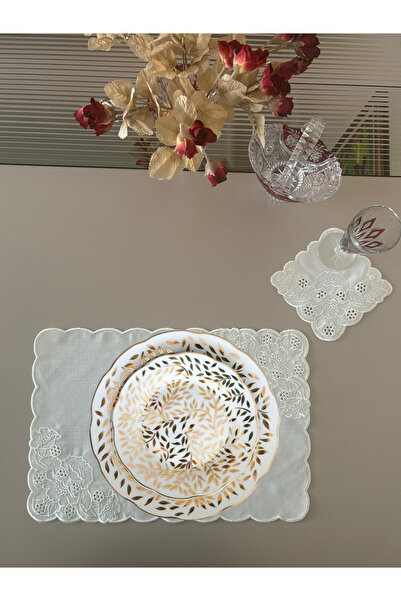 Lilies Atelier Beyaz Delik İşi Keten Sofra Takımı 2 Adet Amerikan Servis ve 2...