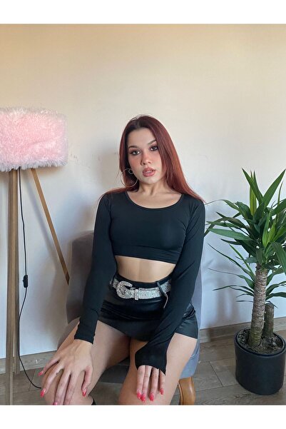elifbilginbutik Siyah Renk Göbek Açık Uzun Kollu Büstiyer