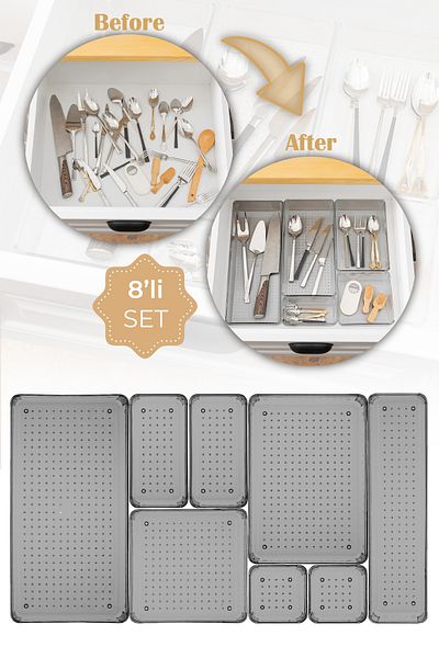 Vienev 8-Piece Anthracite Drawer Organizer 1x(B.DKDRTGN,O.DKDRTGN,B.KARE,D.DKDRTGN) 2x(K.KARE,K.DKDRTGN)