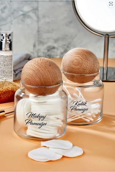 ŞAKİLATA CONCEPT Γυάλινο Διακοσμητικό Καπάκι Μπάλας Μακιγιάζ Βαμβακερό και Βαμβακερό Βάζο 500 Ml Organizer Μεγάλο Μέγεθος