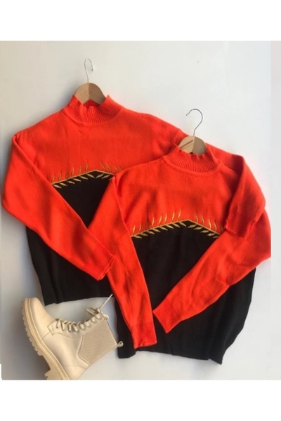 Sensedim Moda Women's Red Black Gold Spike Embroidery Detailed Half Turtleneck Long Knitwear Sweater 2 Pieces