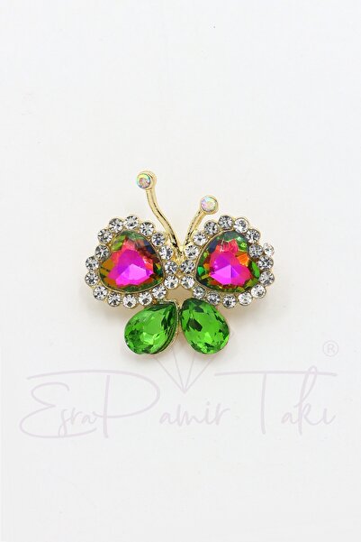 Tiny Butterfly Brooch with Pink Green Gemstone
